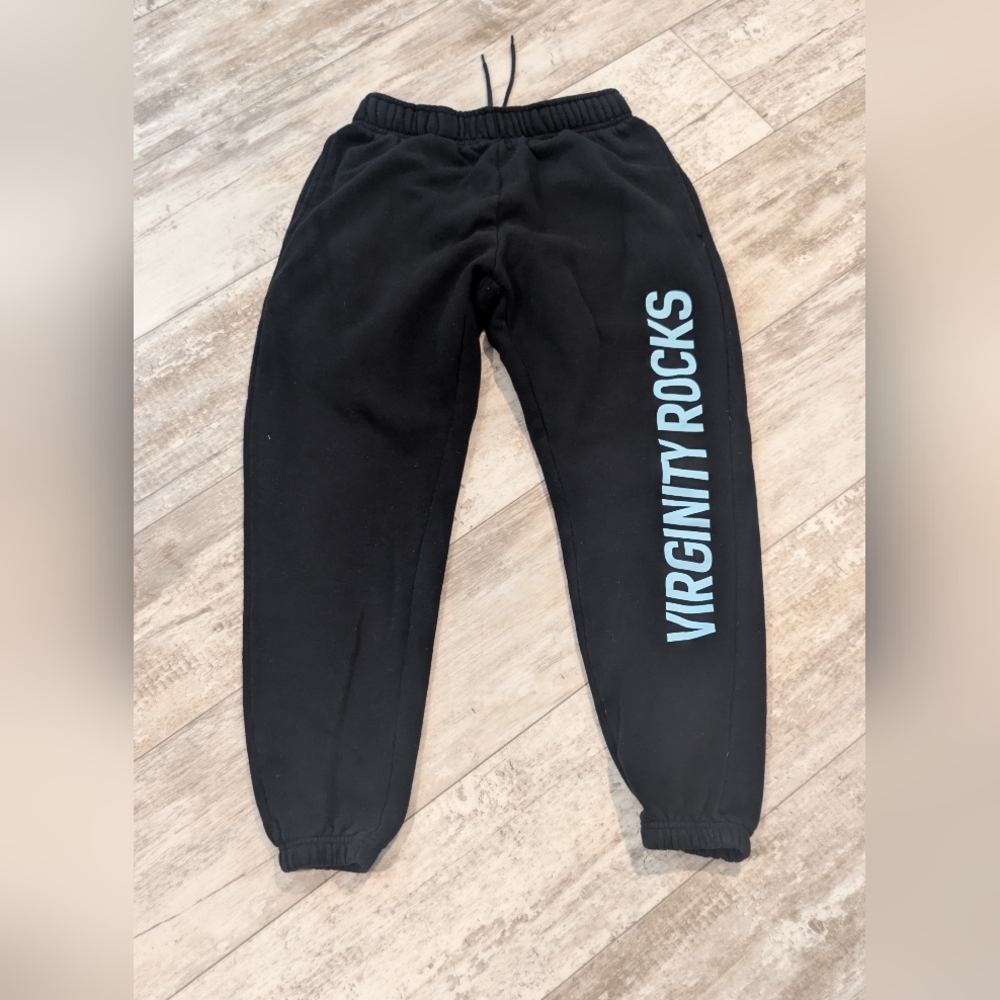 Black Womens Sweatpants with Light Blue 'VIRGINITY ROCKS' Graphic